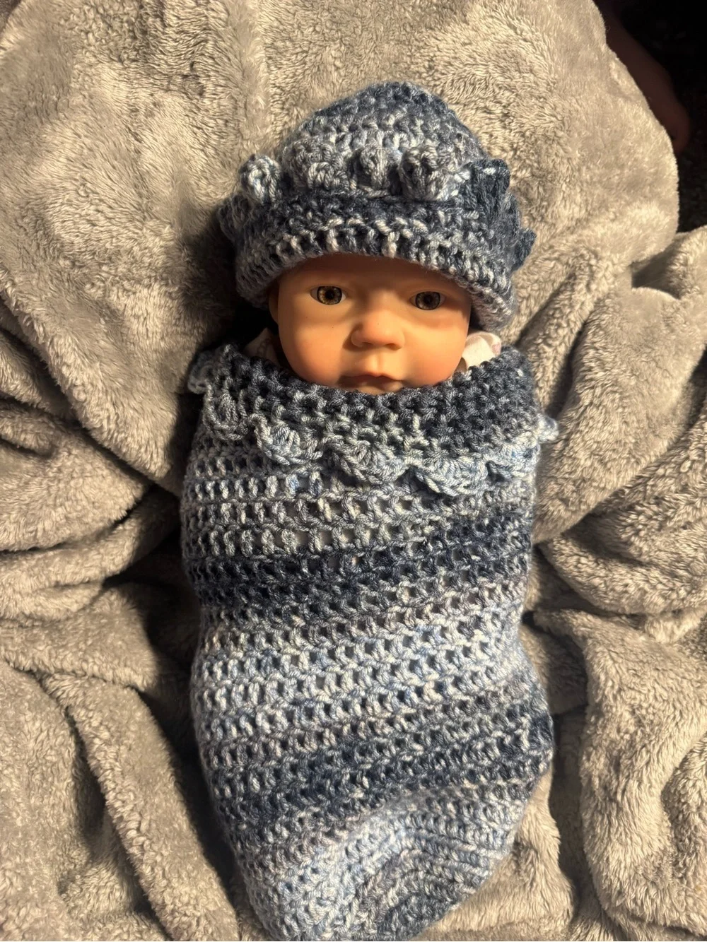 Handmade Crochet Baby Swaddle Sack and Hat Set in Blue Ombre